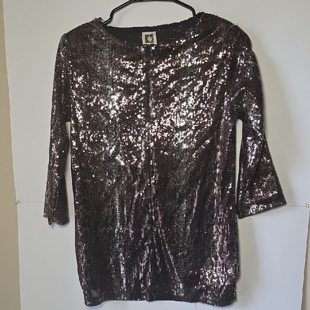 Anne Klein Sequin Gold Brown  Metallic Women's Top Blouse XS
